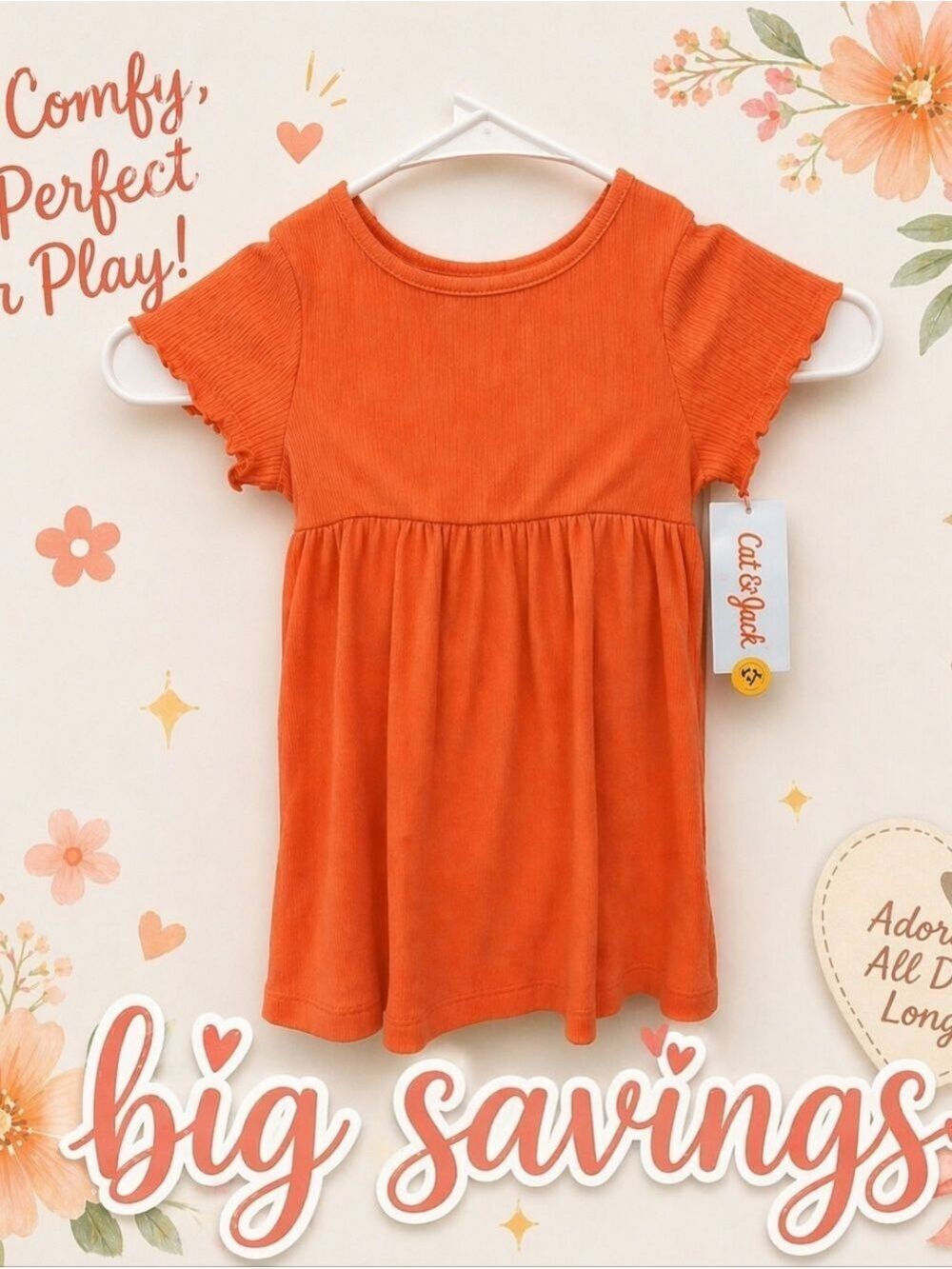 Cat & Jack Orange Ruffle Sleeve Knit Dress Girls 18 Months NWT